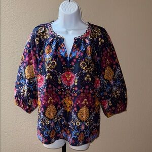 Talbots Boho Pleated Sleeve Multi Floral Medallion Poplin Blouse Size Petite M